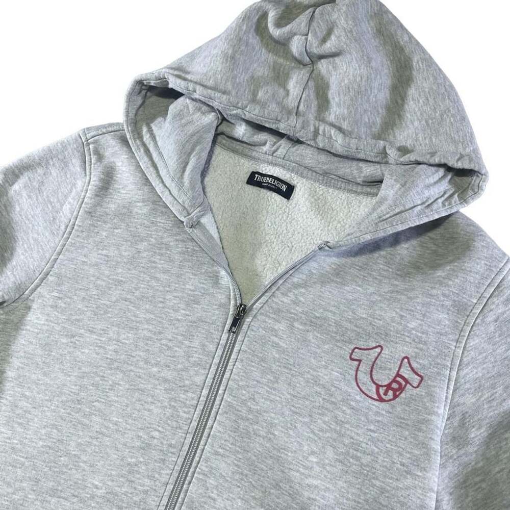 True Religion Heather Gray Full Zip Hoodie Sweatshirt w/ Red Buddha Logo Medium